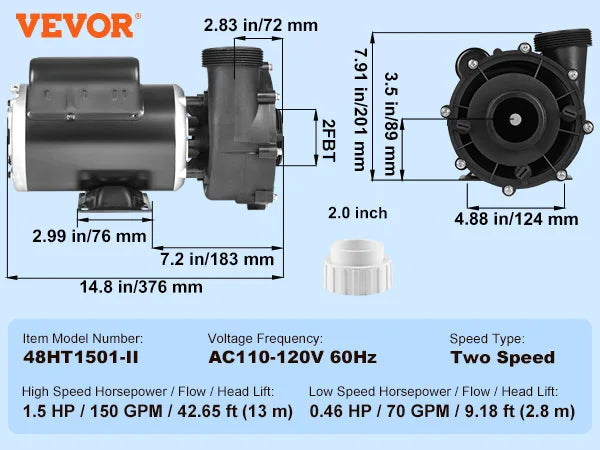 SucceBuy 2 Speed SPA Pump 48/56-Frame AC110-120V SPA Pump 1.5HP/3HP/4HP High Speed 2'' Port 90° Rotational Interface for Hot Tub