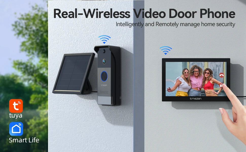 TMEZON R10-L10 Solar Powered Wireless WiFi Video Door Phone,1080P Intercom System,7'' Color Touch Monitor,Video Doorbell Peephole with Solar Panel,PIR Motion Detection,Remote Unlocking,2.5/5G WiFi