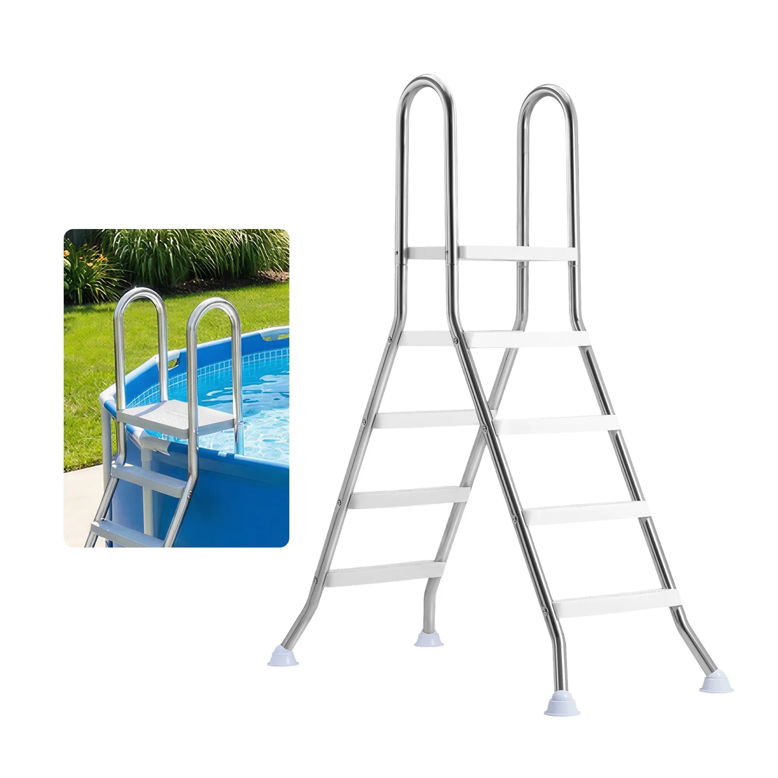 Scară pentru piscină deasupra solului cu cadru în formă de A, trepte antiderapante și mânere