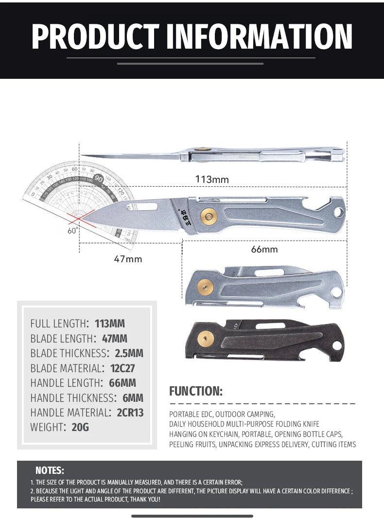 SANRENMU 431S Folding pocket knife 12C27 blade Portable EDC outdoor camping bottle opener Keychain hole knife