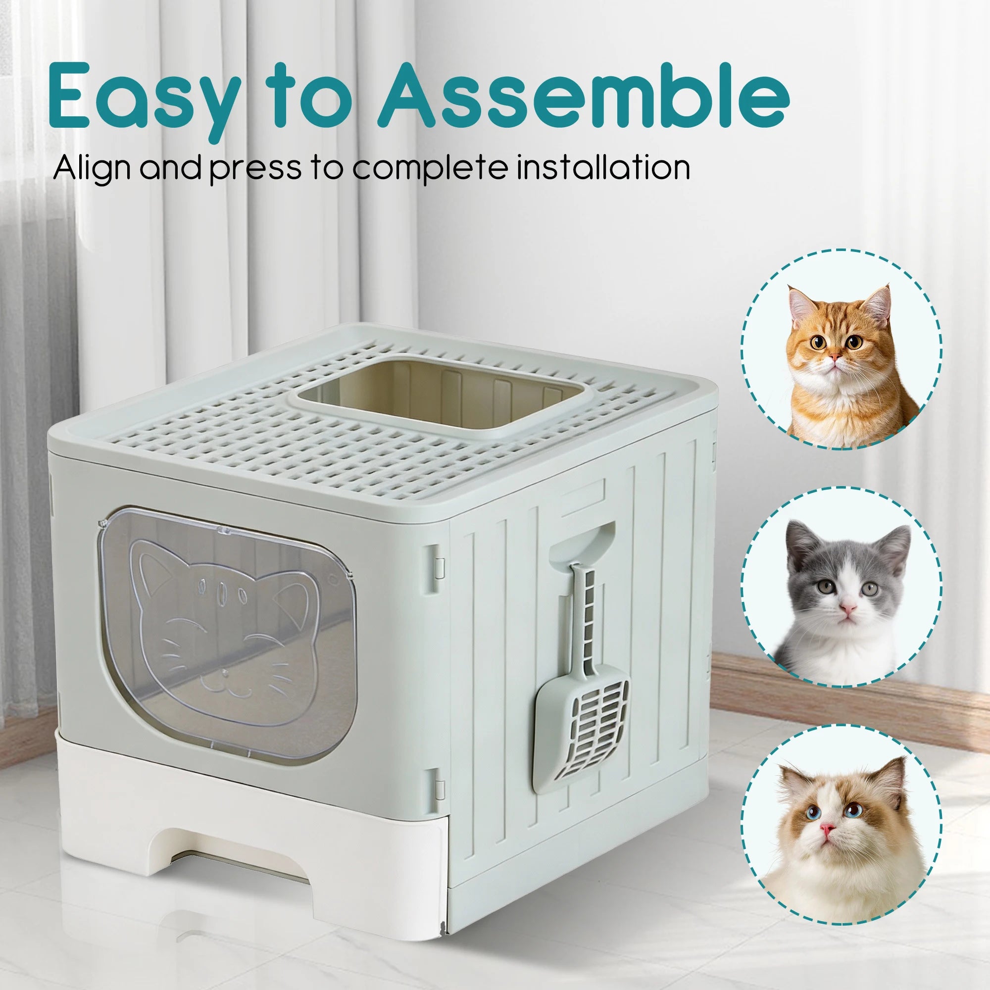 Large Covered Cat Litter Box with Lid and Scoop, 23.6" Foldable Design