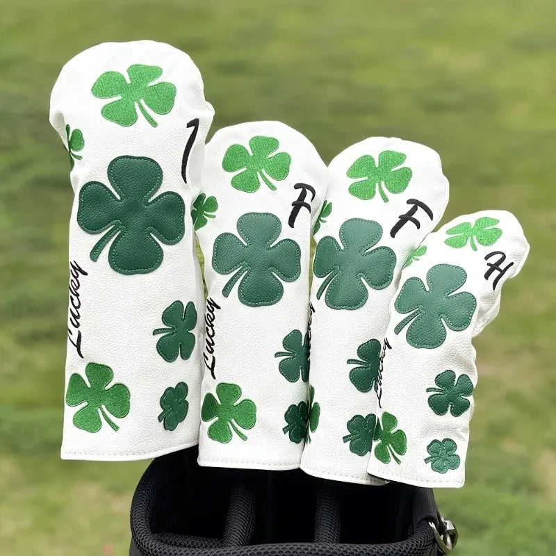 Stilvolle Golf-Schlägerkopfhüllen mit Kleeblattmotiv - langlebig, weiß mit grünem vierblättrigem Kleeblatt-Design, schützende Schlägerhüllen
