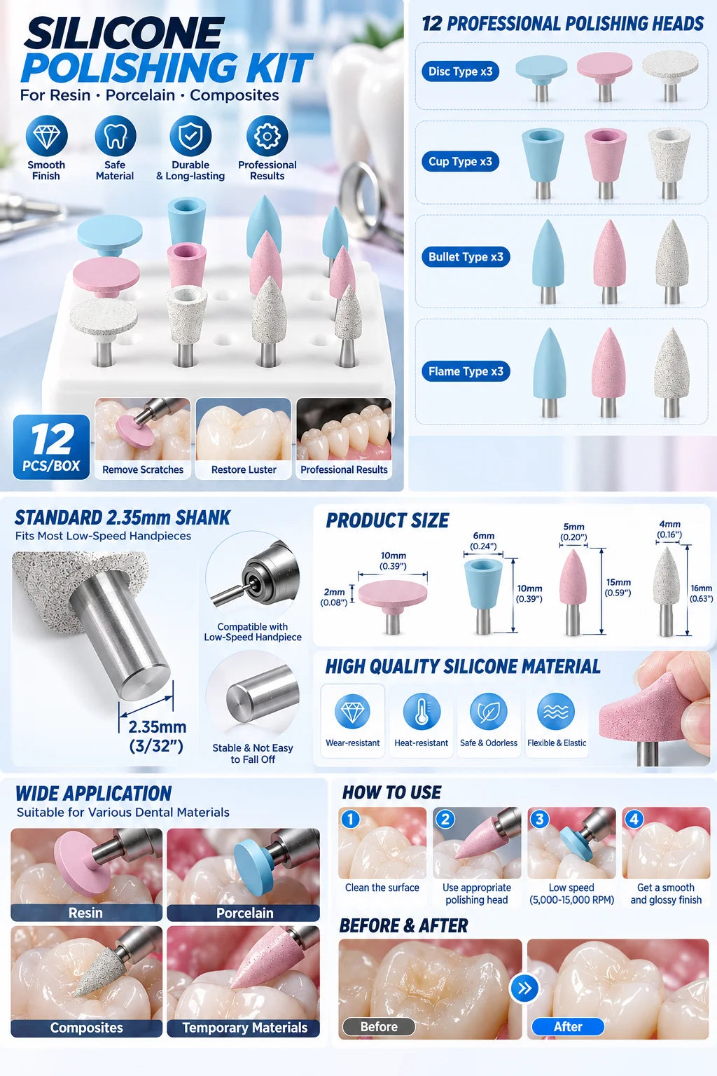 Silicone Polishing Kit for Low-Speed Handpieces, 12-Piece