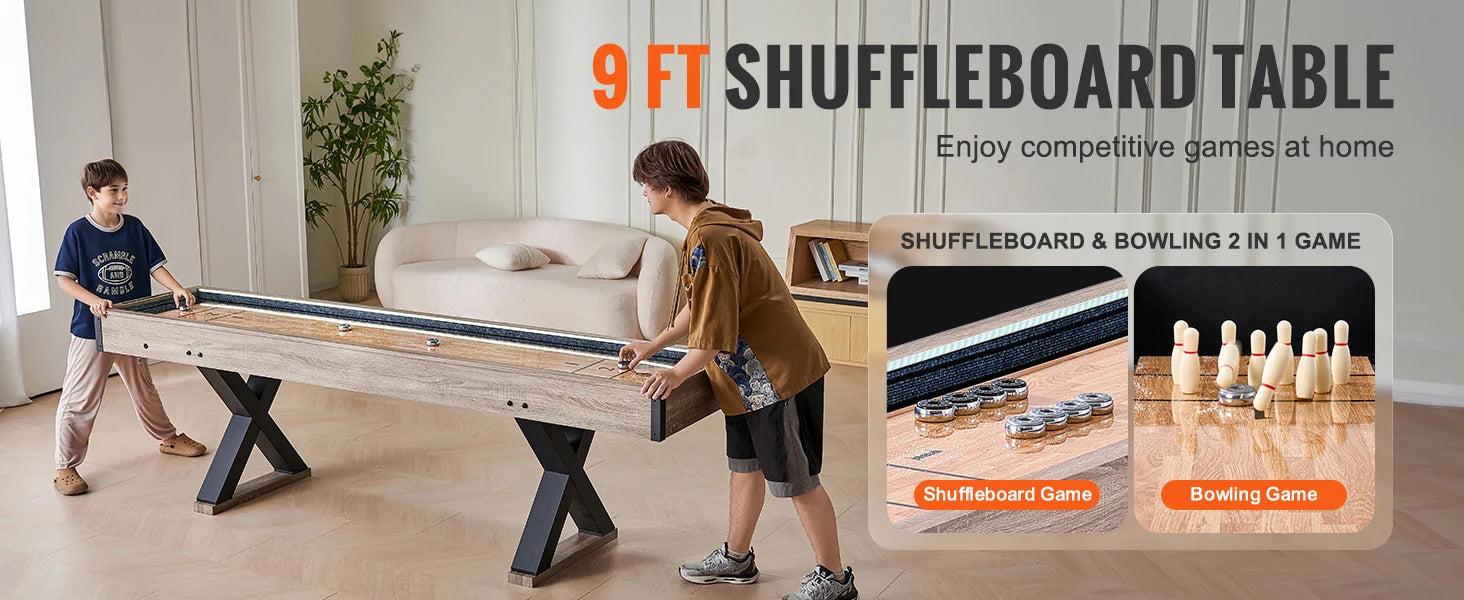 Tavolo Shuffleboard LED da 9 piedi con gioco di bowling set 2 in 1