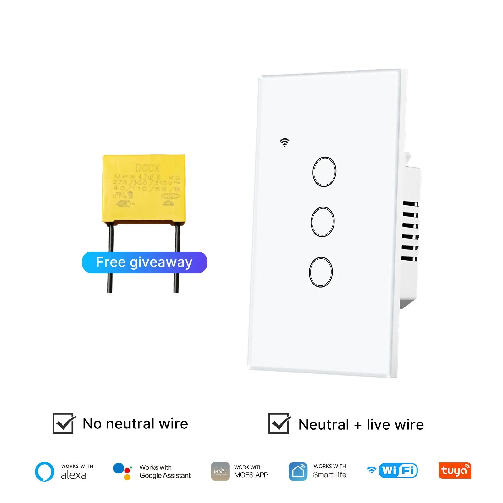 Smart Light Switch No Neutral WiFi Touch Control