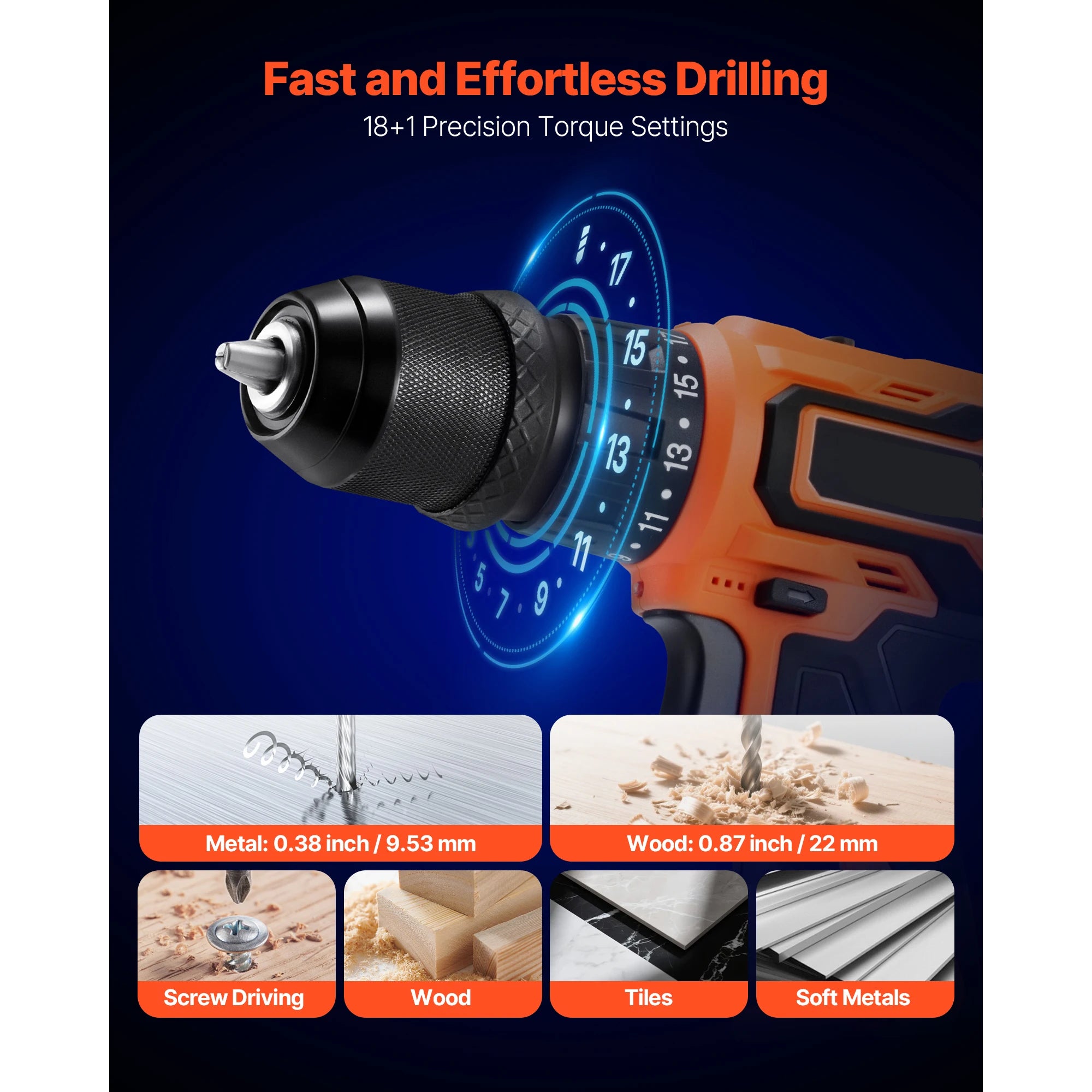 Cordless Drill Driver Kit with 32Nm Torque, 2 Batteries & 22pcs Set