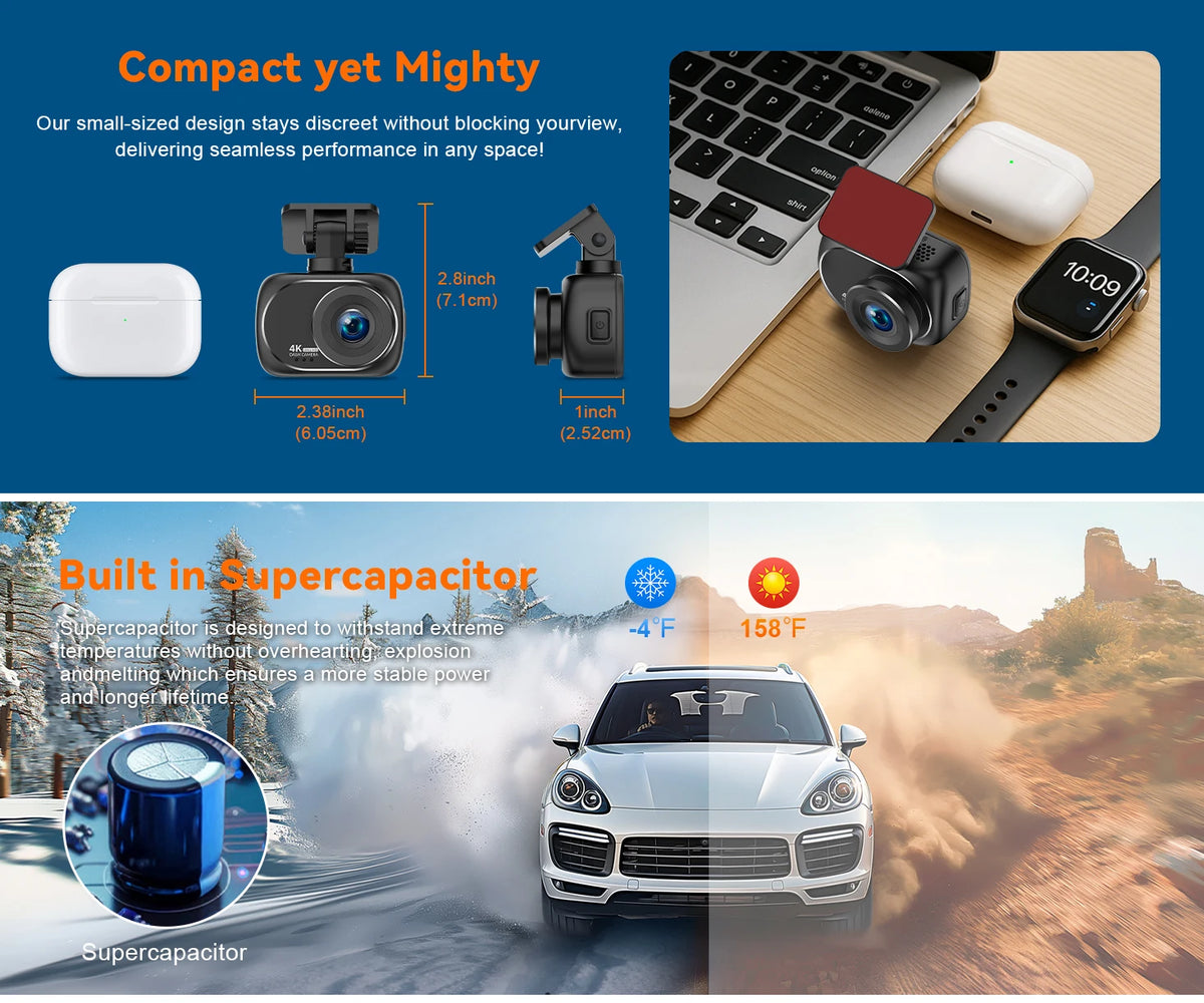 Soam 4K+4K Dash Cam Front and Rear Built-in WiFi 170°Wide Angle 2" IPS Screen Night Vision WDR 24H Parking Mode Mini Black Box