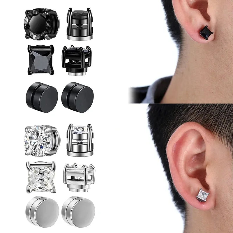 6 Pcset Strong Magnetic Ear Stud Clip Earrings for Men and Women Punk Round Zircon Magnet Earrings Non Piercing Jewelry