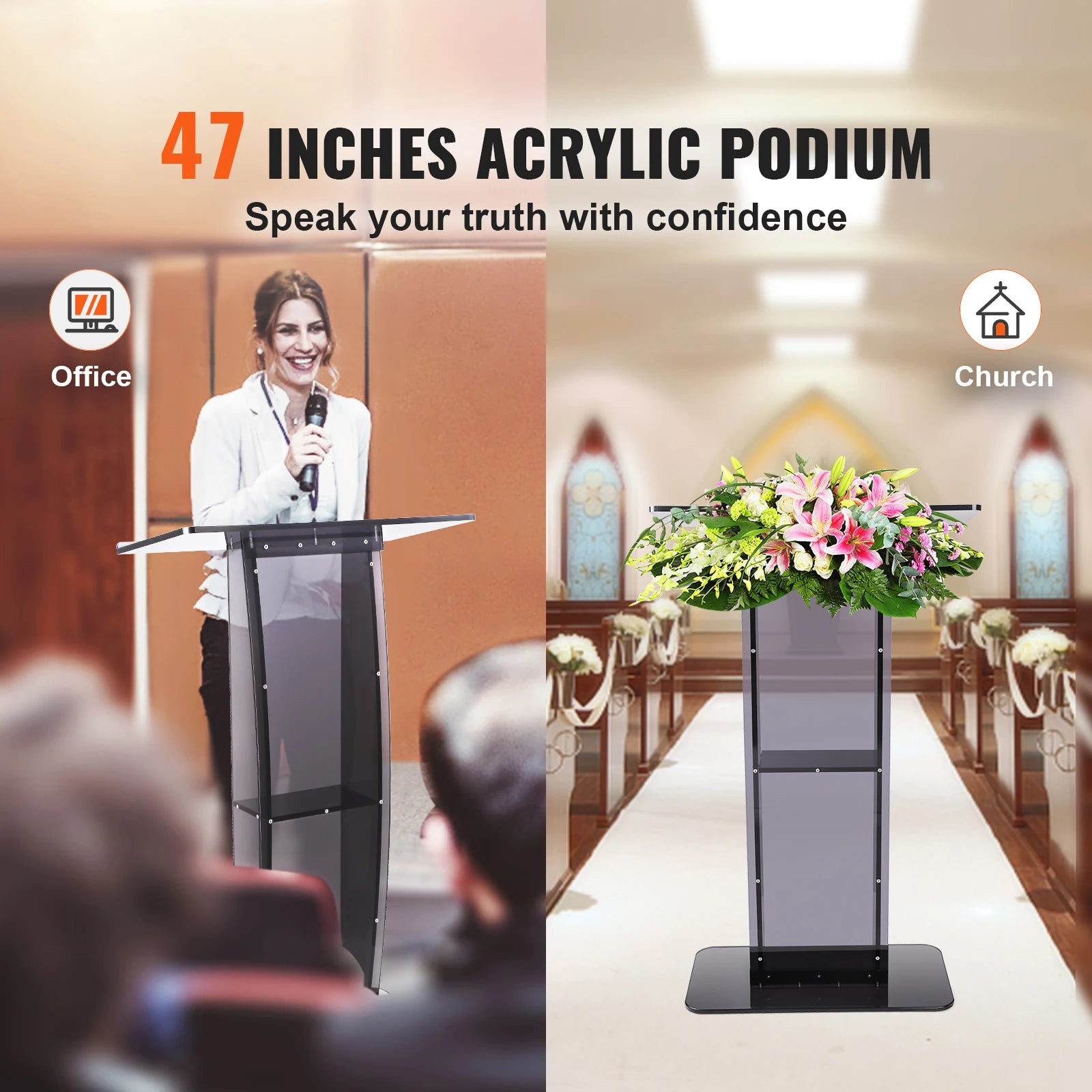 SucceBuy 47" akrylový podium stojan na podlaze průhledný kazatelna akrylové stolní řečnické pulty s úložnou poličkou pro církev, kancelář, školu