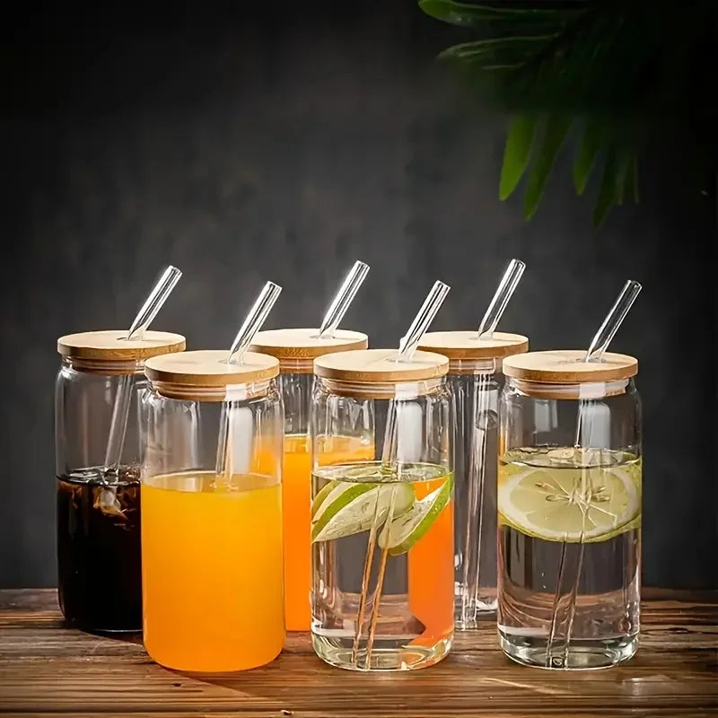 6-pack 550 ml glas med bambulock och glas-sugrör