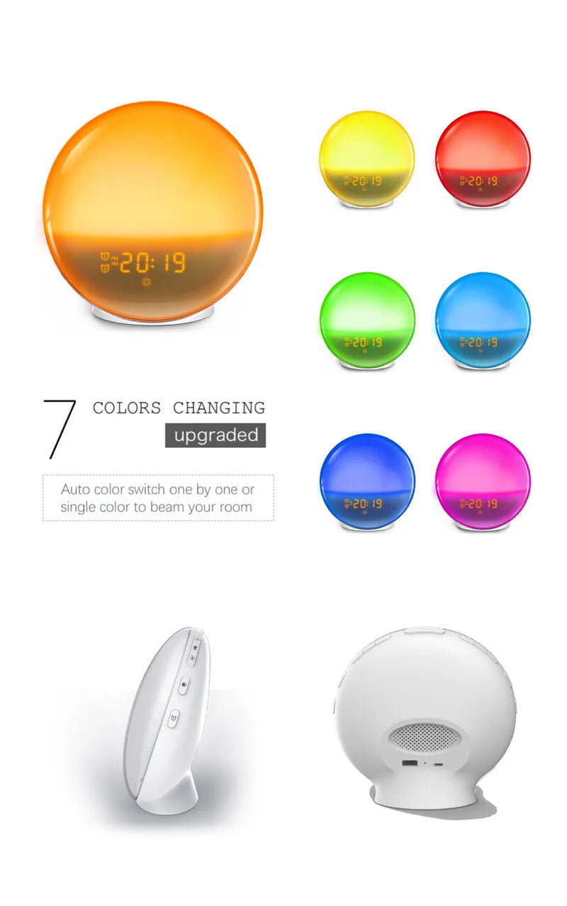 Sunrise Sunset Simulation Awakening Alarm Clock with Colorful Atmosphere Light and FM Radio Function.Relaxed Natural Sound Tunes