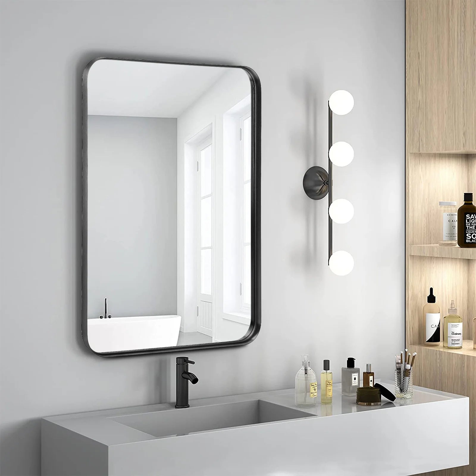 24x36 Inch Matte Black Framed Wall Mirror with Tempered Glass
