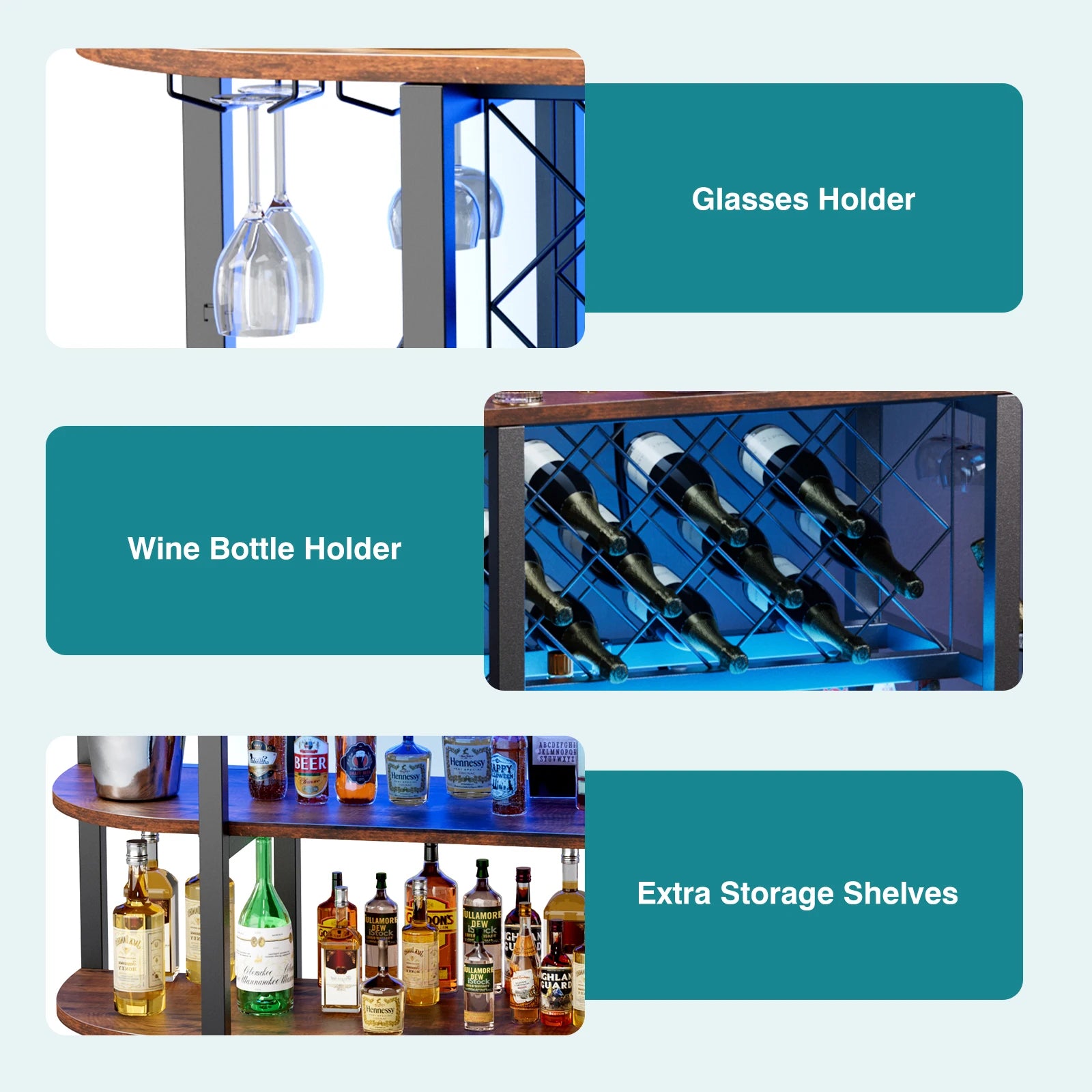LED Bar Cabinet with Storage, Charging Station & Wine Rack