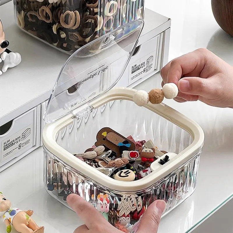Boîte transparente de rangement pour accessoires pour cheveux avec couvercle à charnière