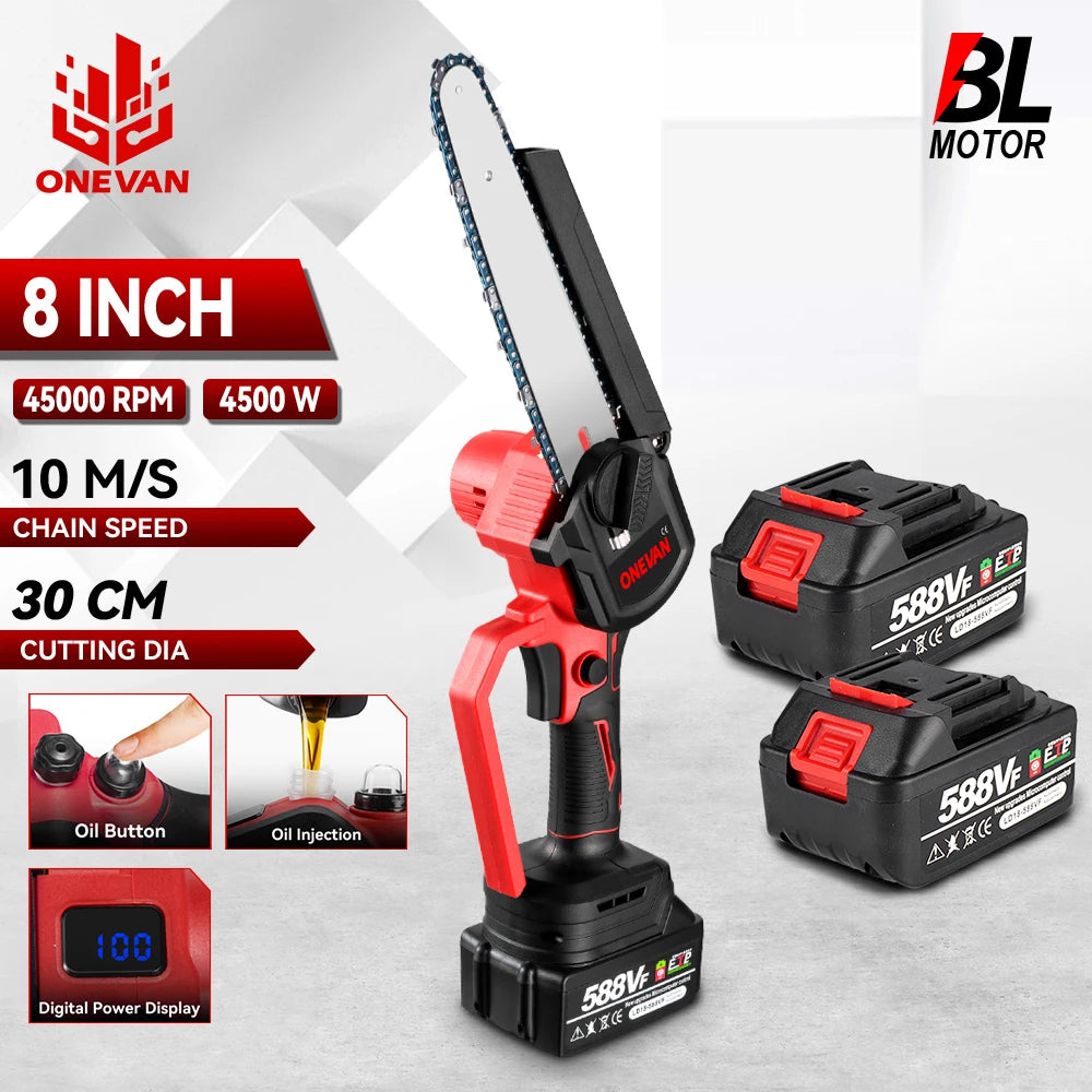 ONEVAN 8 Inch Brushless Electric Chainsaw Cordless Portable Electric Saw Woodworking Power Tool For Makita 18V Battery Pin