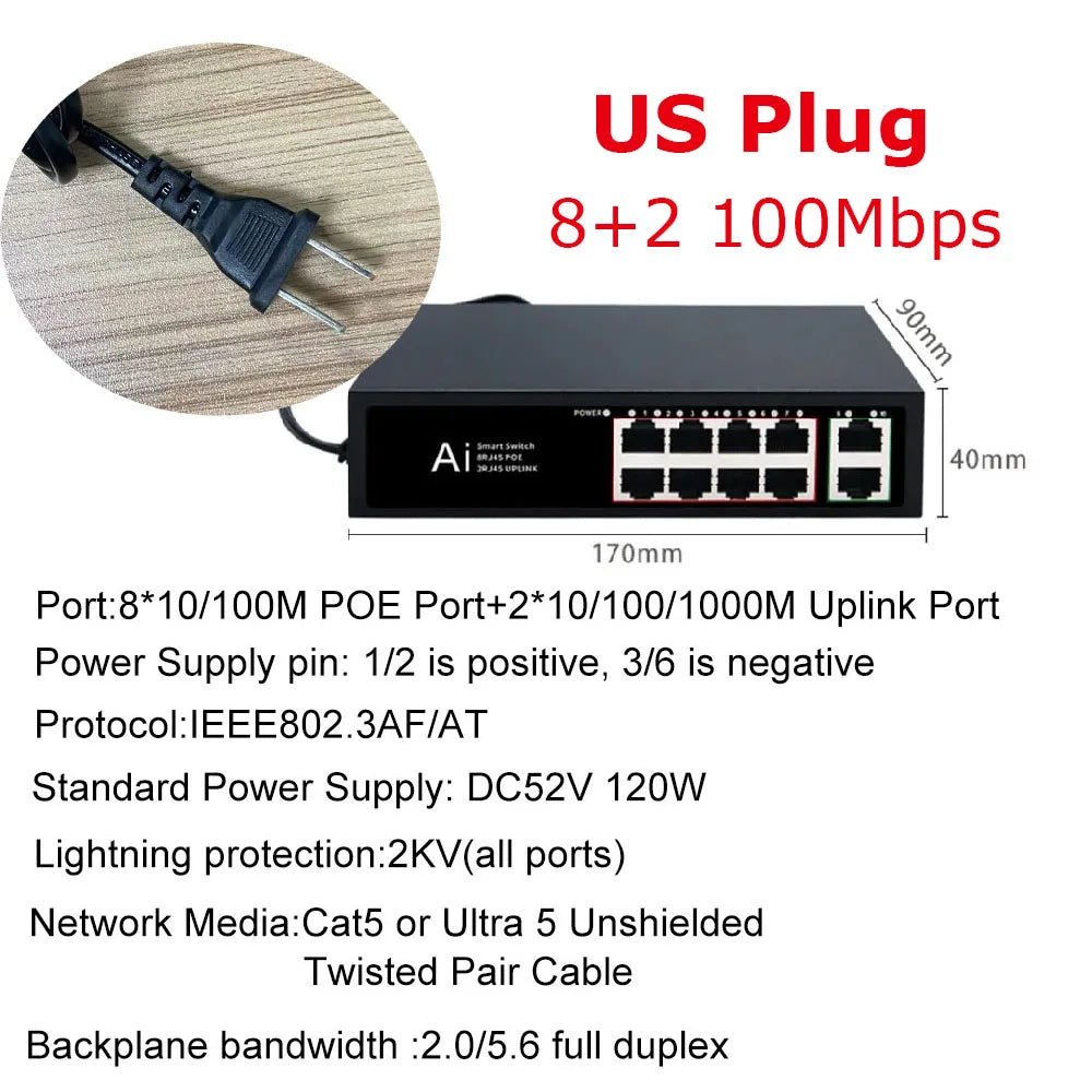 Ienron POE Switch 6/10 Ports 100Mbps Ethernet Switch POE ieee802.3af/at Network Switch Ethernet For Wifi Router IP Camera