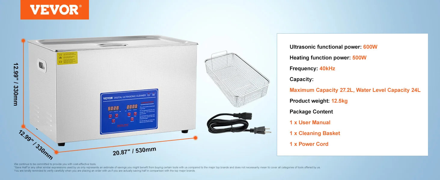 Ultralydsrens med varme og timer til smykker og briller (2L–30L)