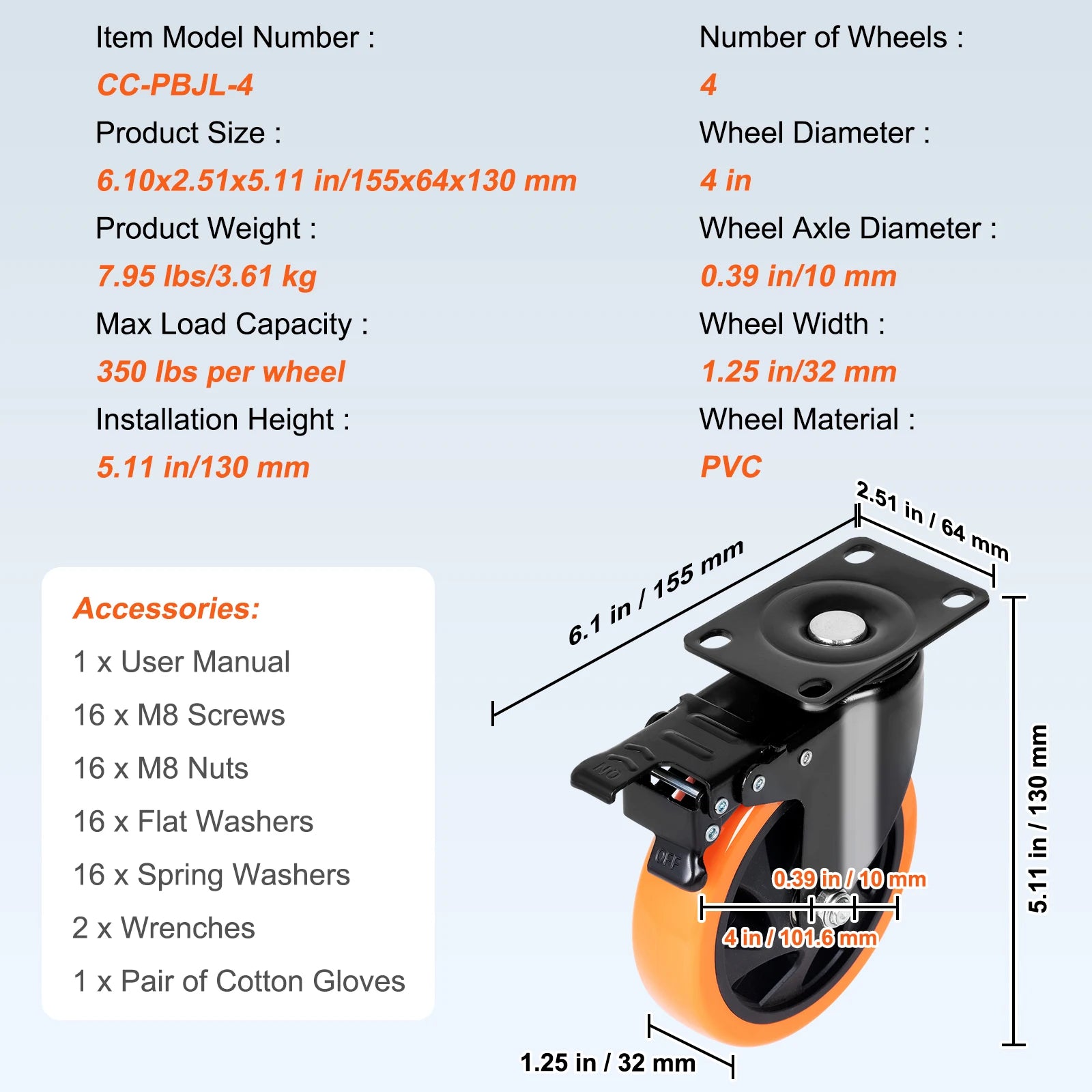 Swivel Plate Caster Wheels Set with Dual Locking Brakes 2–6 Inch