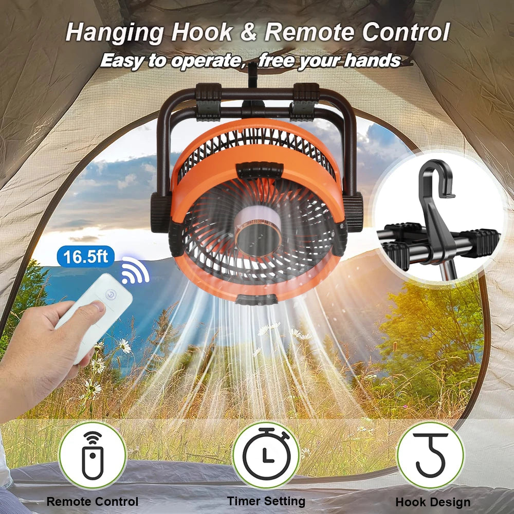 Camping Fan 20000mAh Rechargeable Portable Outdoor Camping Fan Air Circulators Wireless Tent Ceiling Fans with Hook and Light