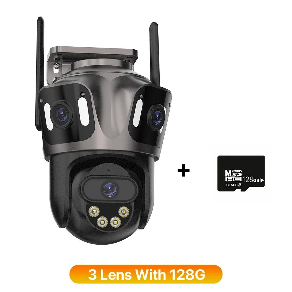 3-Lens 3-Screen WiFi IP Camera with Human Detection, PTZ, IP66 Waterproof