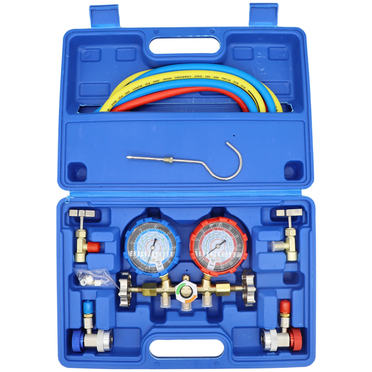 Für R410A R22 R134a R404A Set Klimaanlagen-Manometer-Verteilermessgerät mit Schlauch und Haken