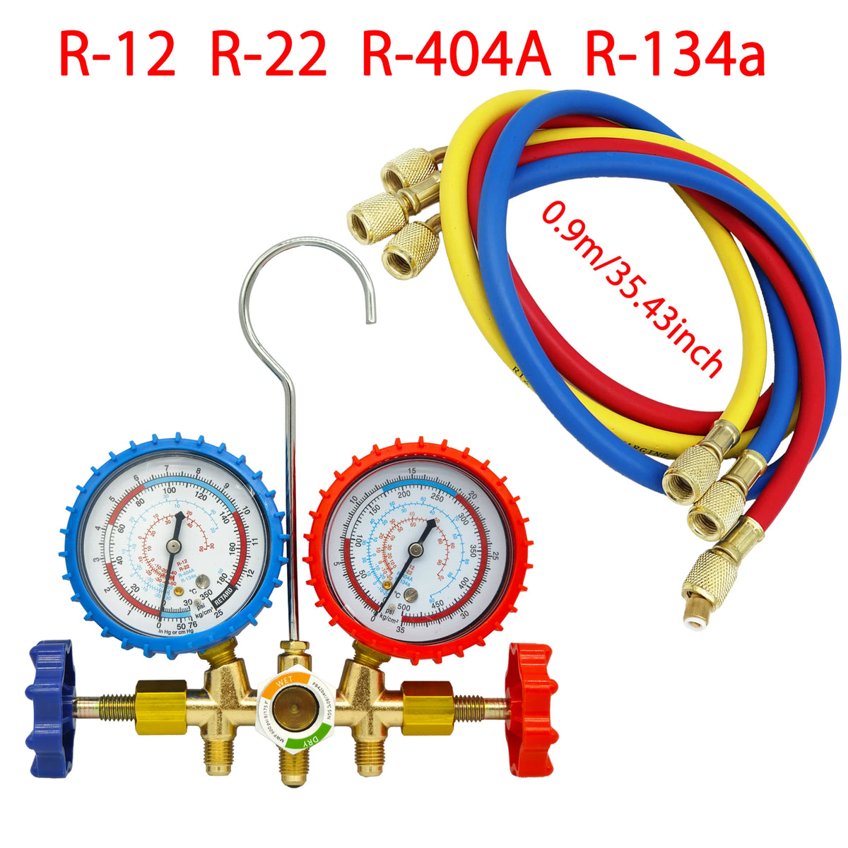 3-cestný AC manoměr s hadicami pre R12/R22/R404A/R134a | Automobilová HVAC diagnostika chladiaca látka