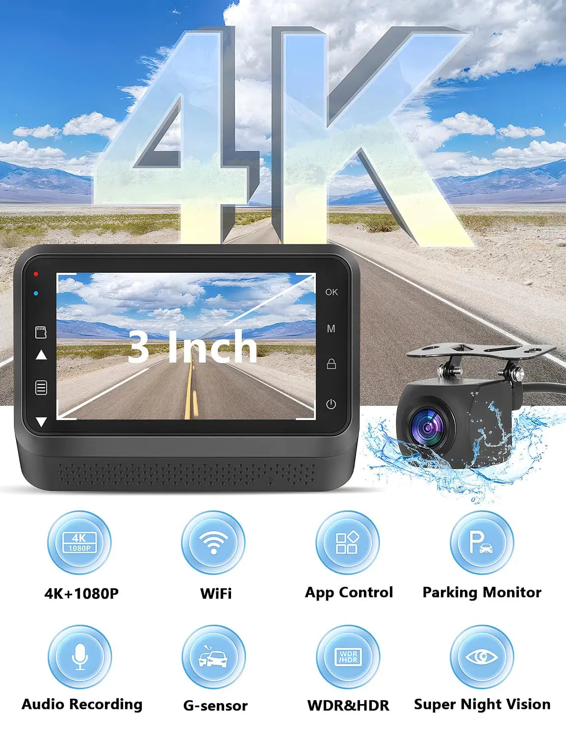 4K Front & Rear Dash Cam with WiFi, Night Vision & Parking Monitor