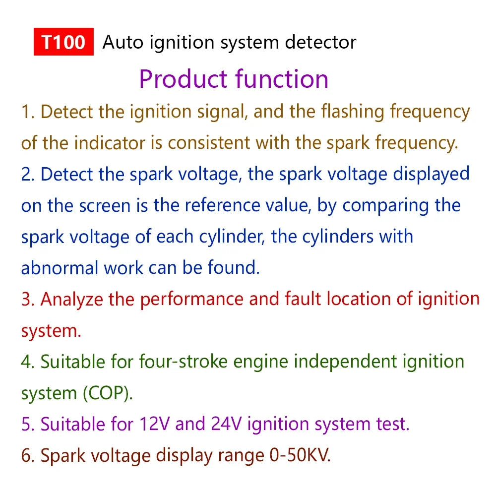 T100 Auto Ignition System Detector for 12V 24V Ignition System to Test Ignition Signal and Spark Voltage
