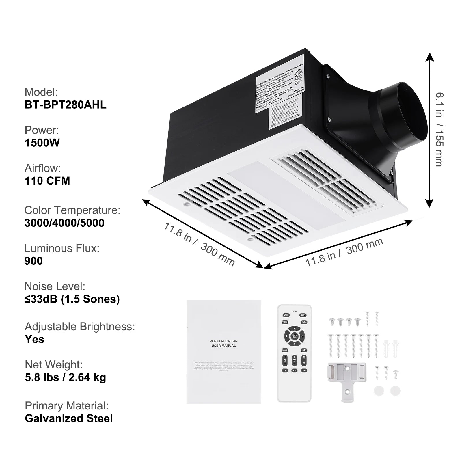 Bathroom Exhaust Fan with LED Light 80/110 CFM Quiet Heating