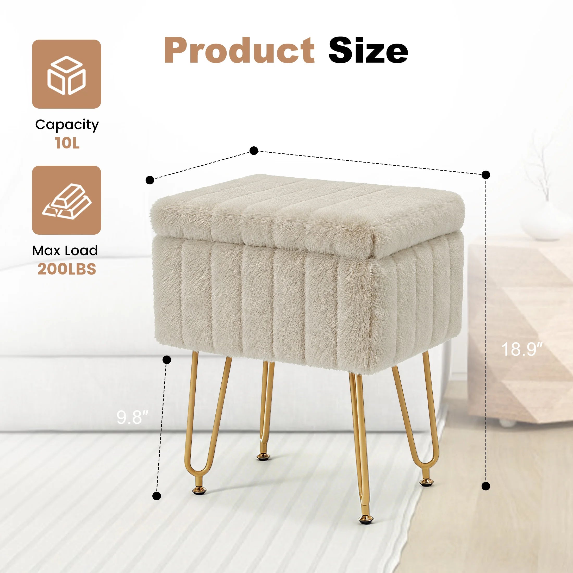 Faux Fur Vanity Stool with Hidden Storage and Metal Legs