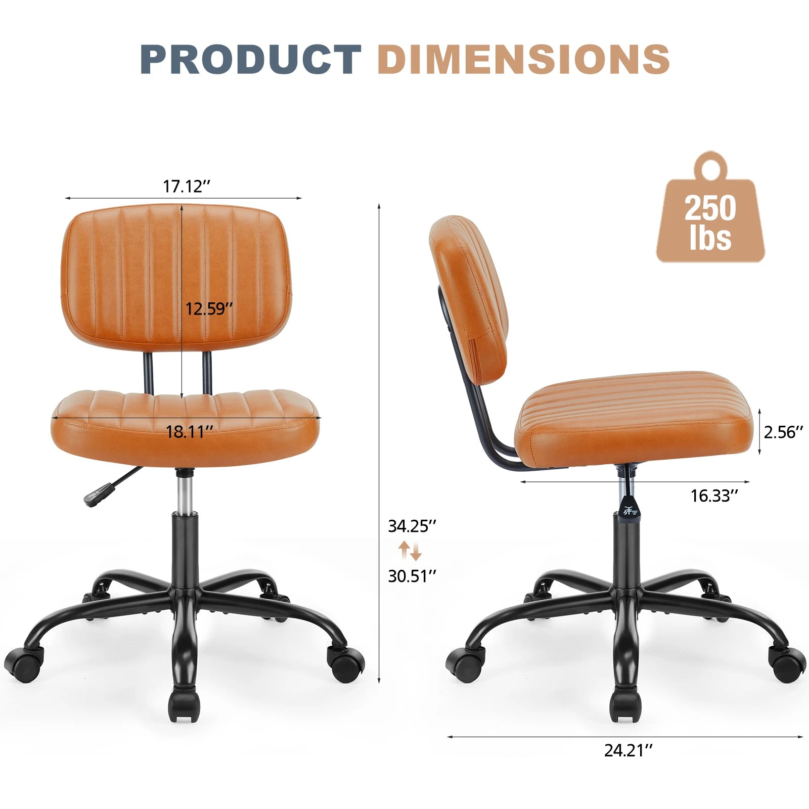 Armless Office Desk Chair with Lumbar Support & Swivel Wheels
