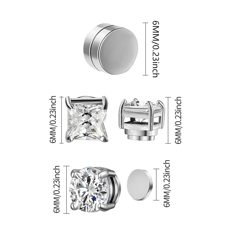 1/3Pairs 6MM Crystal Magnetic No-Pierce Stainless Steel Stud Earrings for Men Punk Zircon Magnet Earrings Non Piercing Jewelry