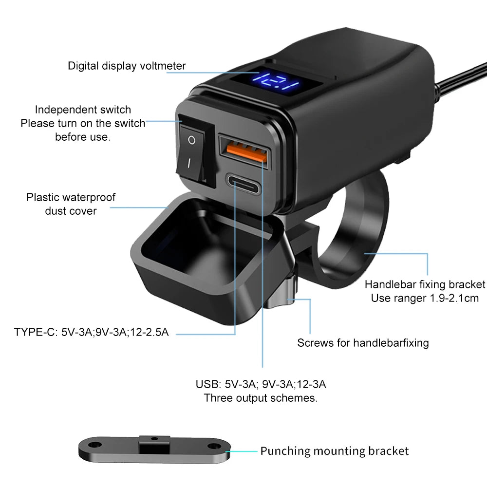 PD+QC3.0 Motorcycle USB Fast Charger 60W Handlebar Dual USB Socket with Switch Voltmeter Waterproof 12V Power Supply Adapter