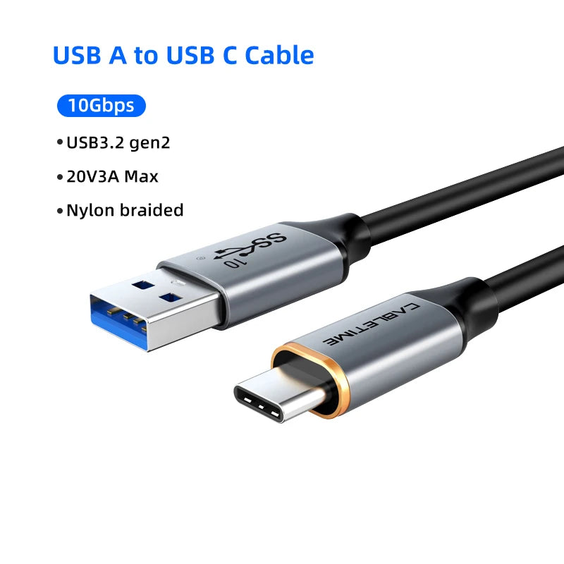 Cable CABLETIME USB-A a USB-C, 10 Gbps, 3 A, USB 3.2, 60 W, QC 3.0, transferencia de datos para carcasa SSD, carga de teléfono y sincronización de datos
