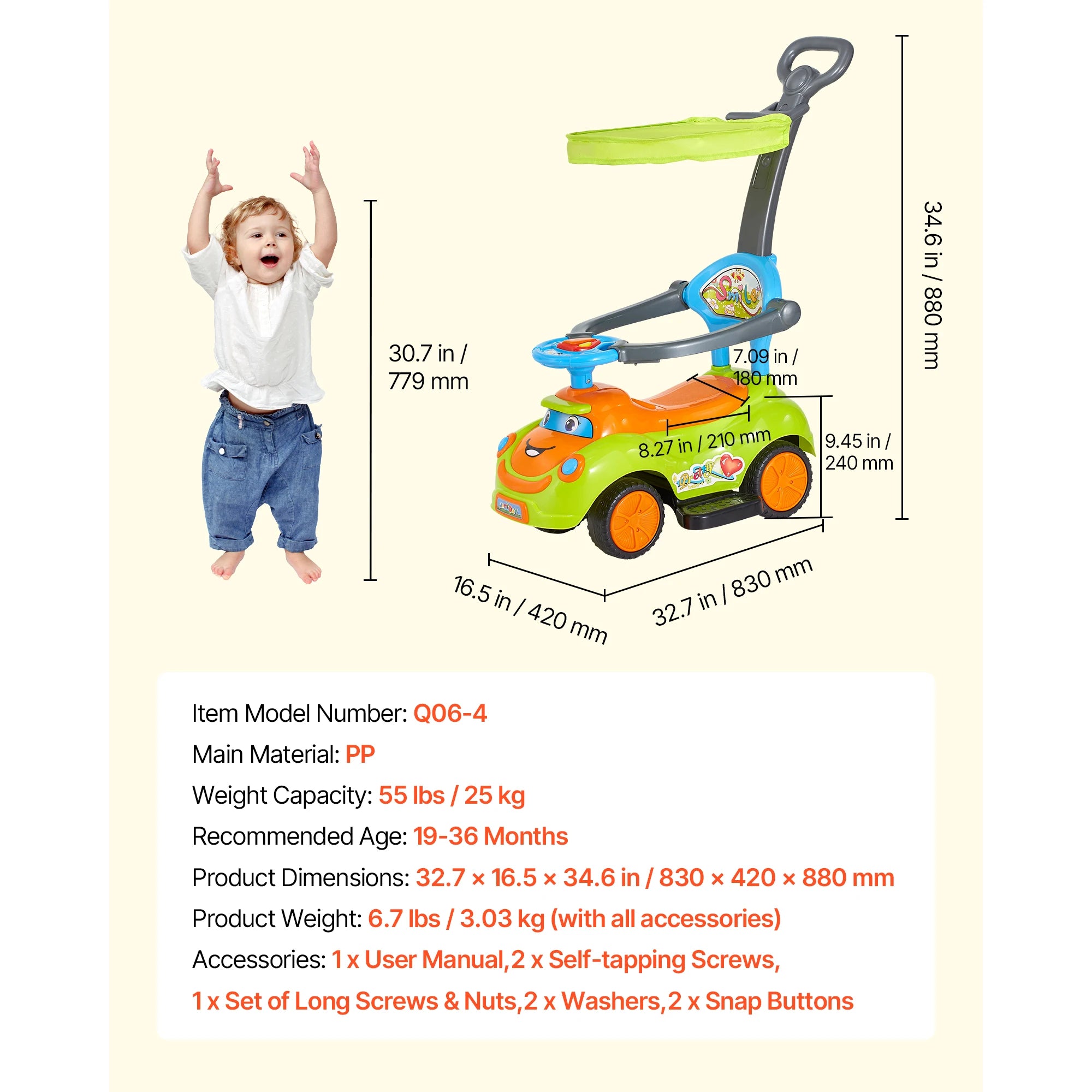 3-in-1 Loopauto met duwstang, leuningen en opbergruimte