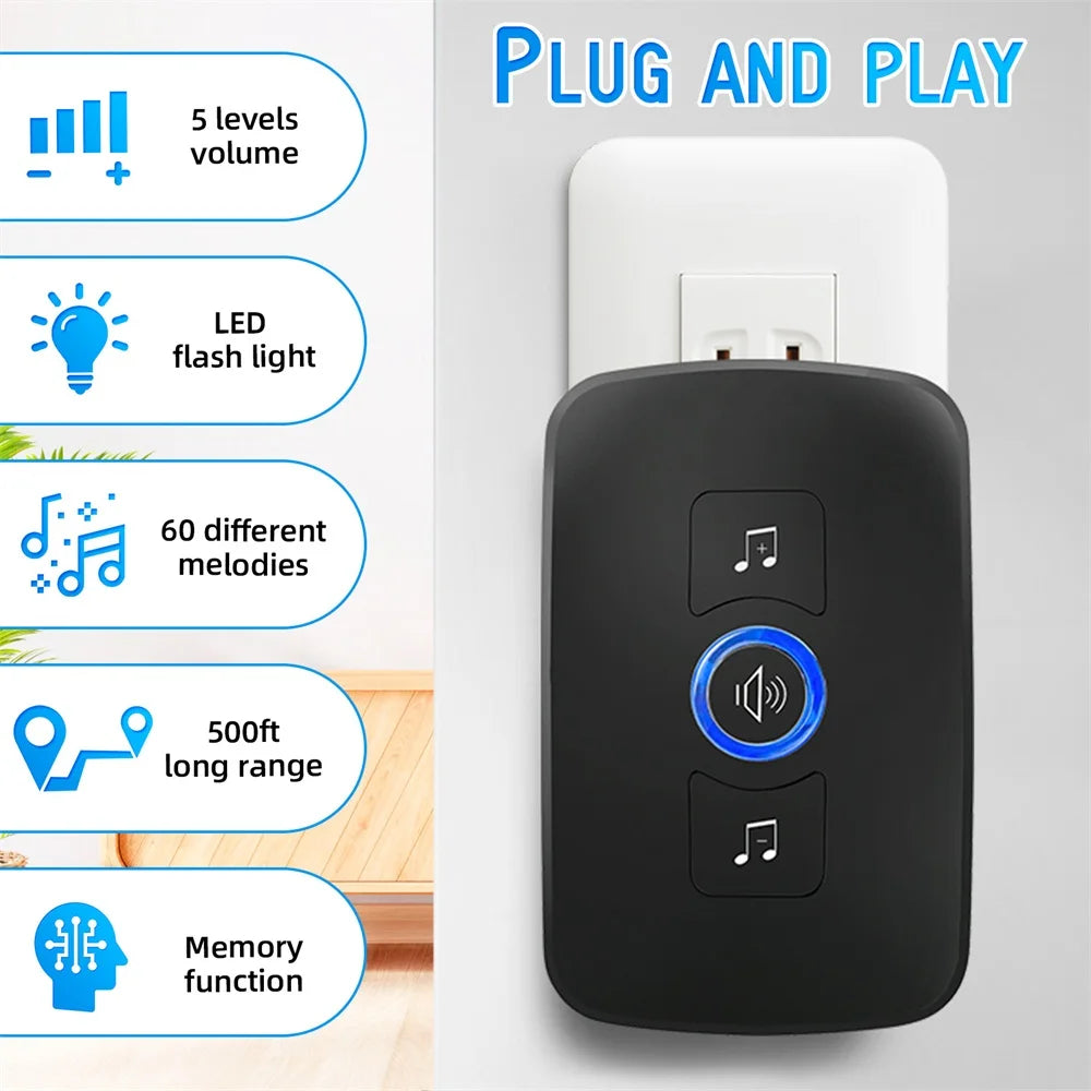 Wireless Doorbell with 60 Chimes, 500ft Range, Waterproof Button