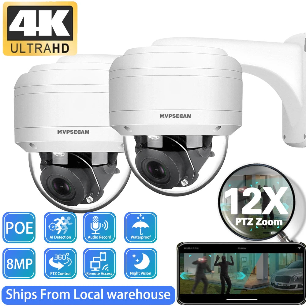 4K 8MP PTZ Dome Camera with 12X Zoom & PoE