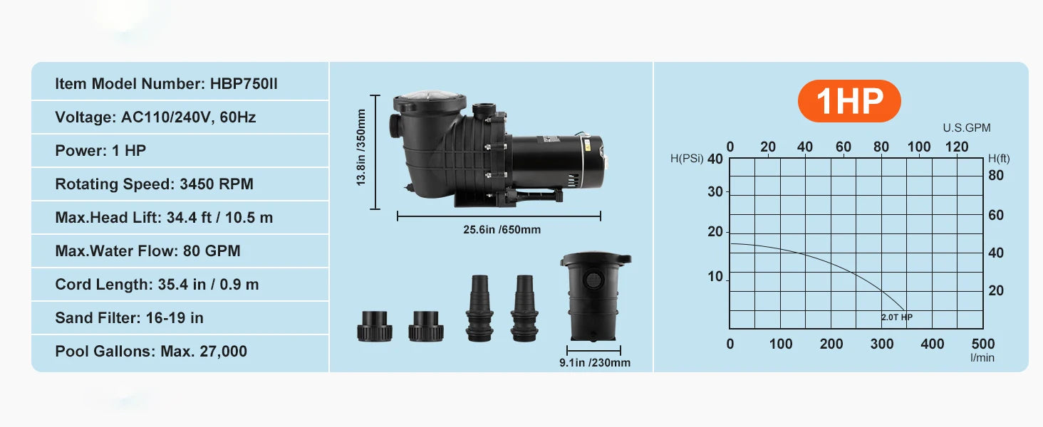 Nadzemní bazénové čerpadlo 1HP–2HP s jednou rychlostí a filtračním košem