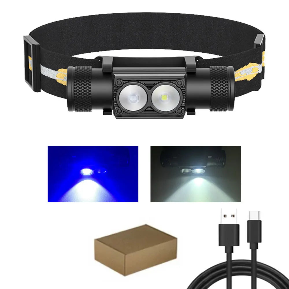 LED Headlamp High Power White Blue Rechargeable USB Type-C
