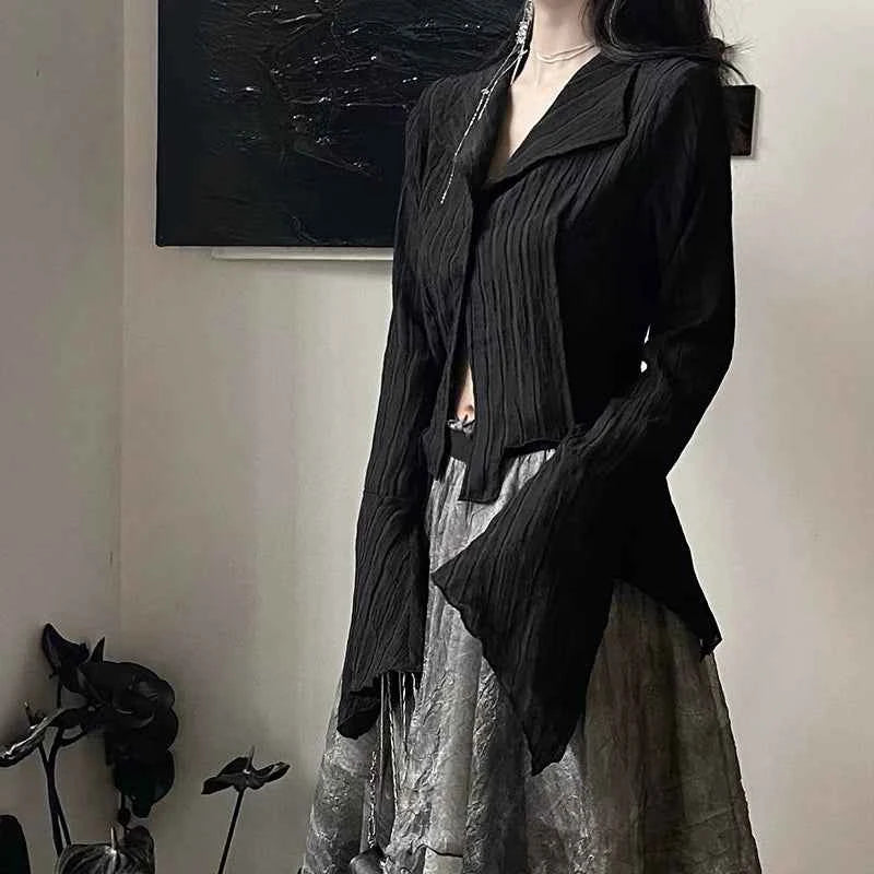 Women's Black Asymmetric Button-Front Blouse