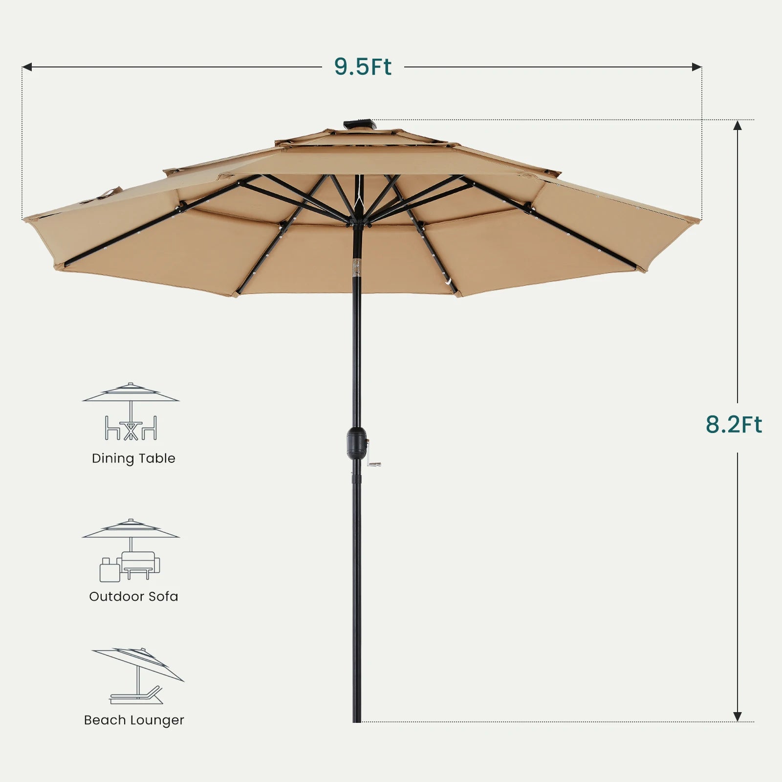 Ombrellone da patio a 3 livelli con 32 luci solari LED e sistema di inclinazione