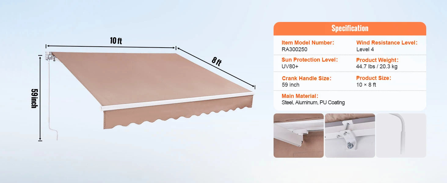 SucceBuy Manual Retractable Awning Outdoor Awning Retractable Sun Shade Water-Resistant Polyester Patio Door Window for Backyard