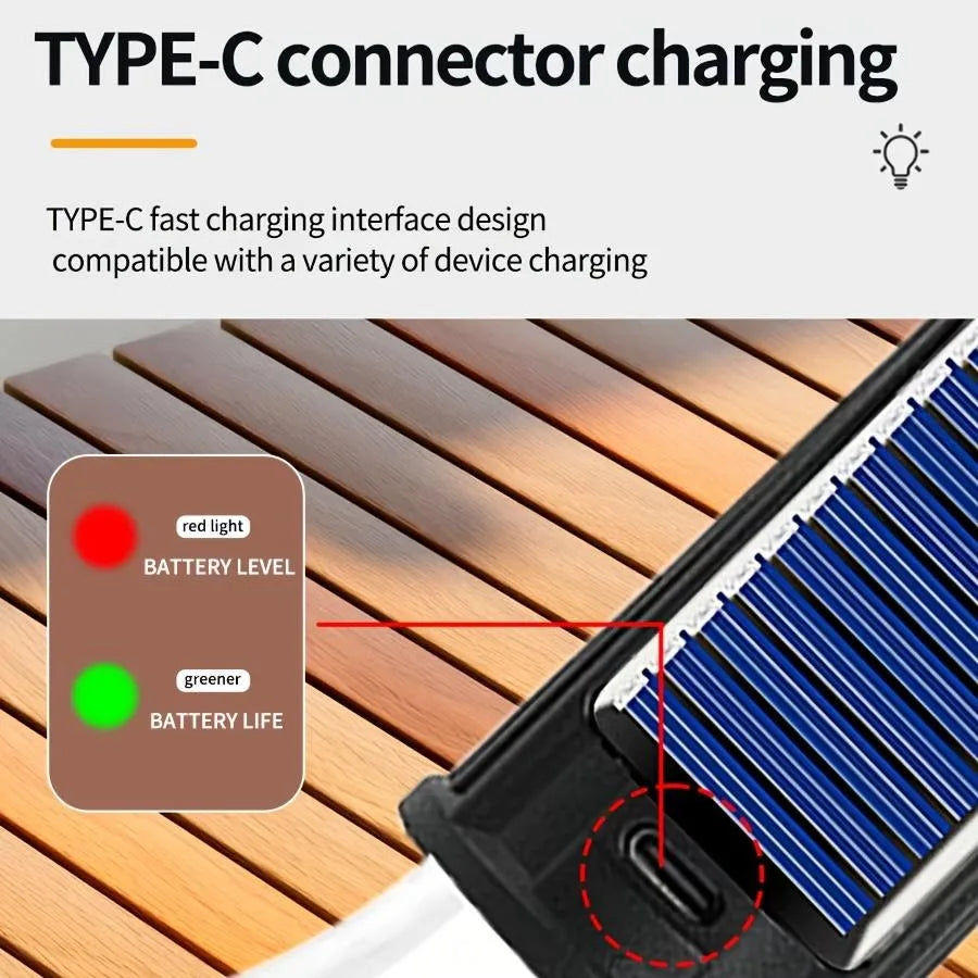 Solárna kempingová lampa s háčikom, 3 režimy svetla, dobíjateľná cez USB-C