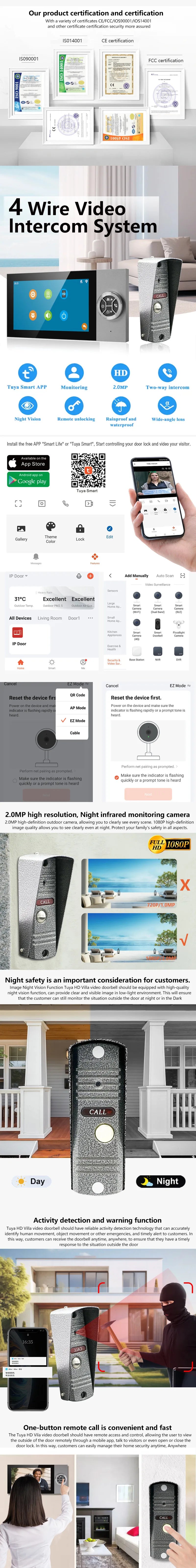 7 Pouces 4-Filaire AHD WIFI Video Portier Intercom 1080P HD Visible Doorbell avec application Tuya Contrôle à distance et Visualiseur d’interstice