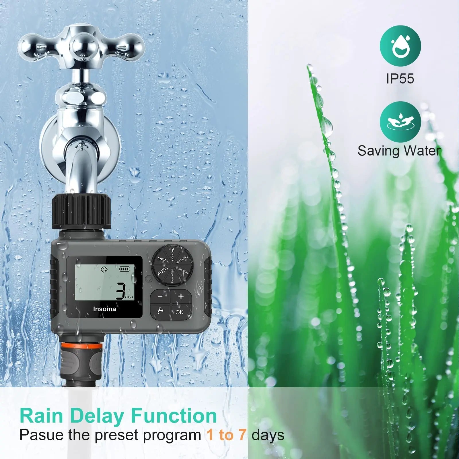 Insoma Automatic Water Timer Intelligent Irrigation Watering System Sprinkler Timer Garden Programmer Equipment IPX7 LCD Display