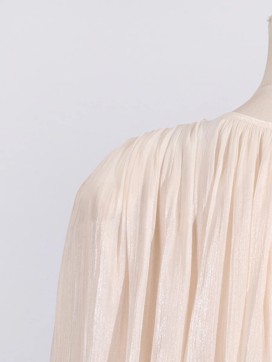 GALCAUR Solid Loose Splicd Lace Up Dresses For Women V Neck Long Sleeves Patchwork Ruffles Tunic Dreses Female Fashio New