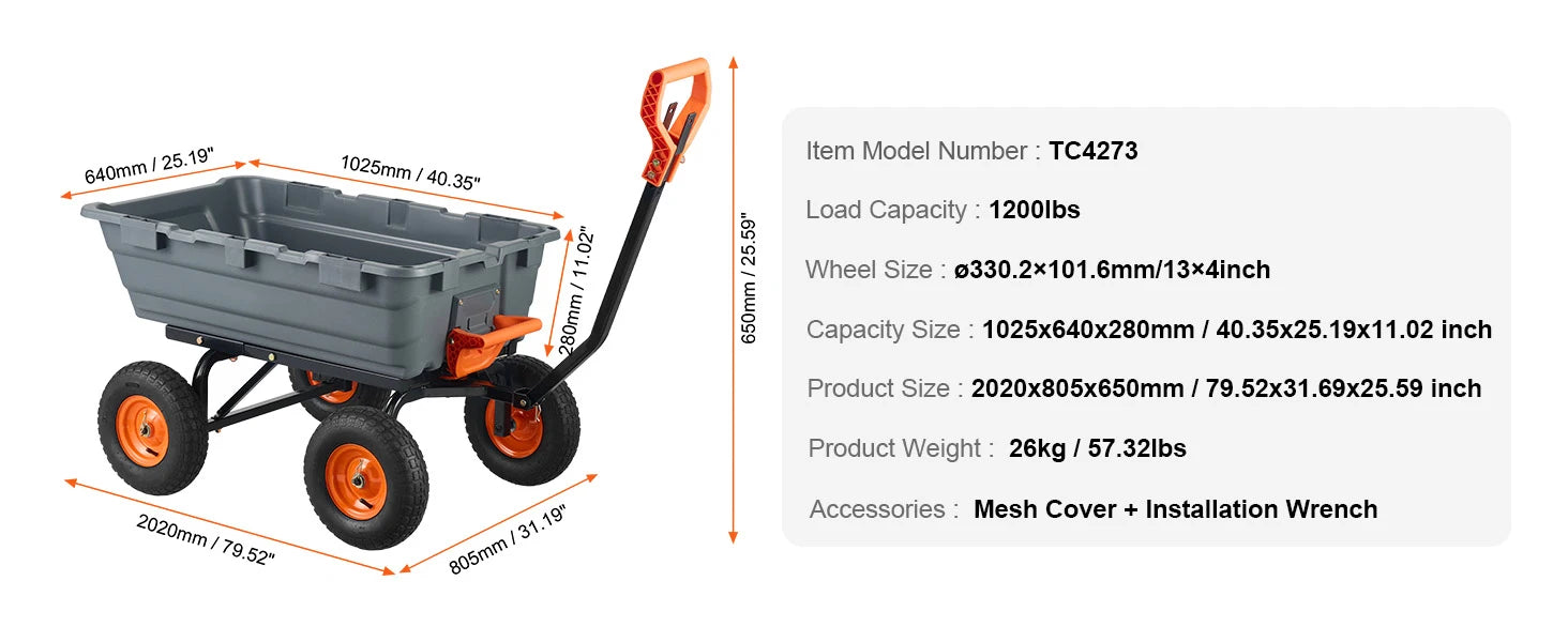 SucceBuy Dump Cart Poly Garden Dump Cart Easy to Assemble Steel Frame Dump Wagon with 2-in-1 Convertible Handle Safe Transport