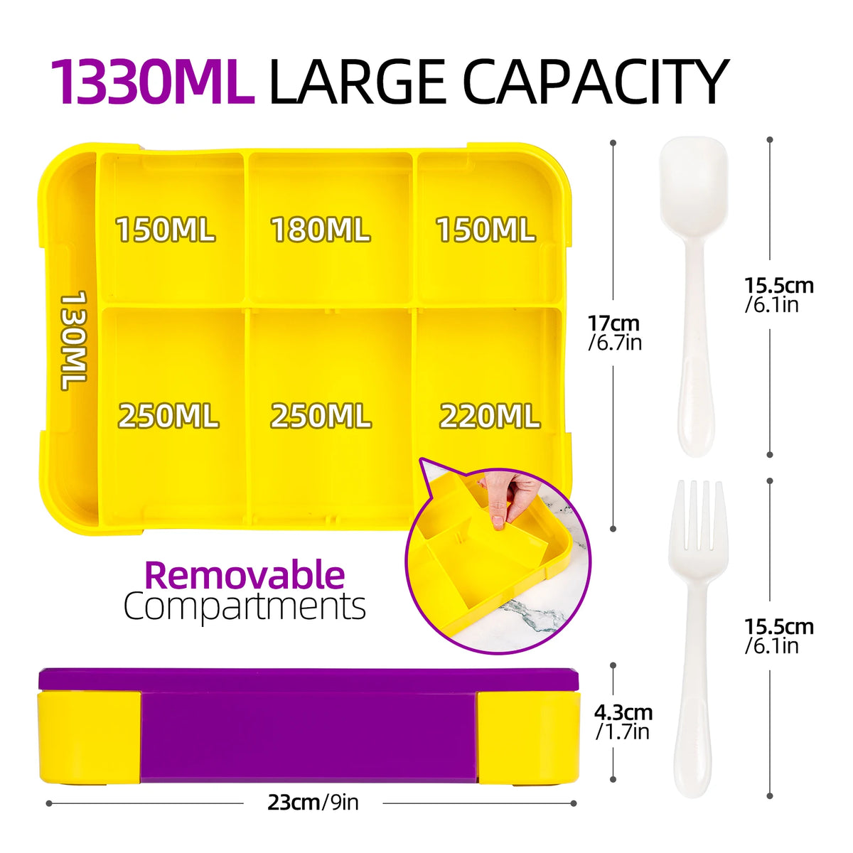 Caixa de almoço bento com divisórias, 1330ml, com talheres
