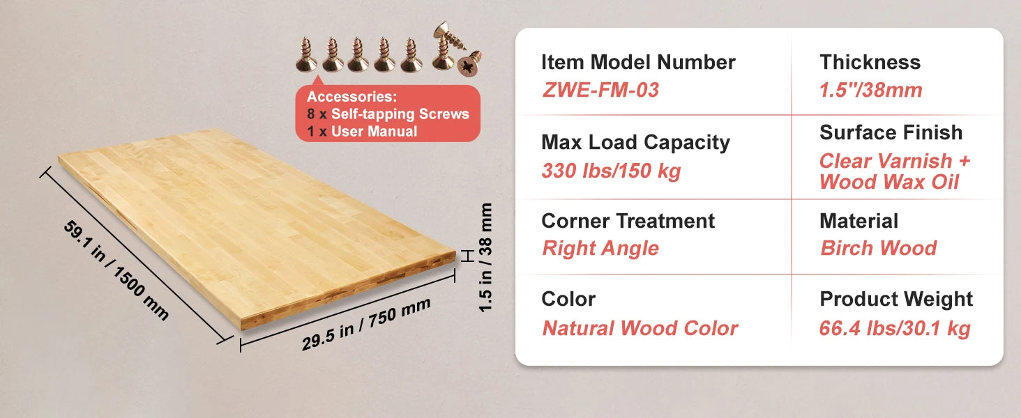 Tablero de Escritorio de Madera Maciza de Arce 1.5" de Grosor Capacidad de 330 lb