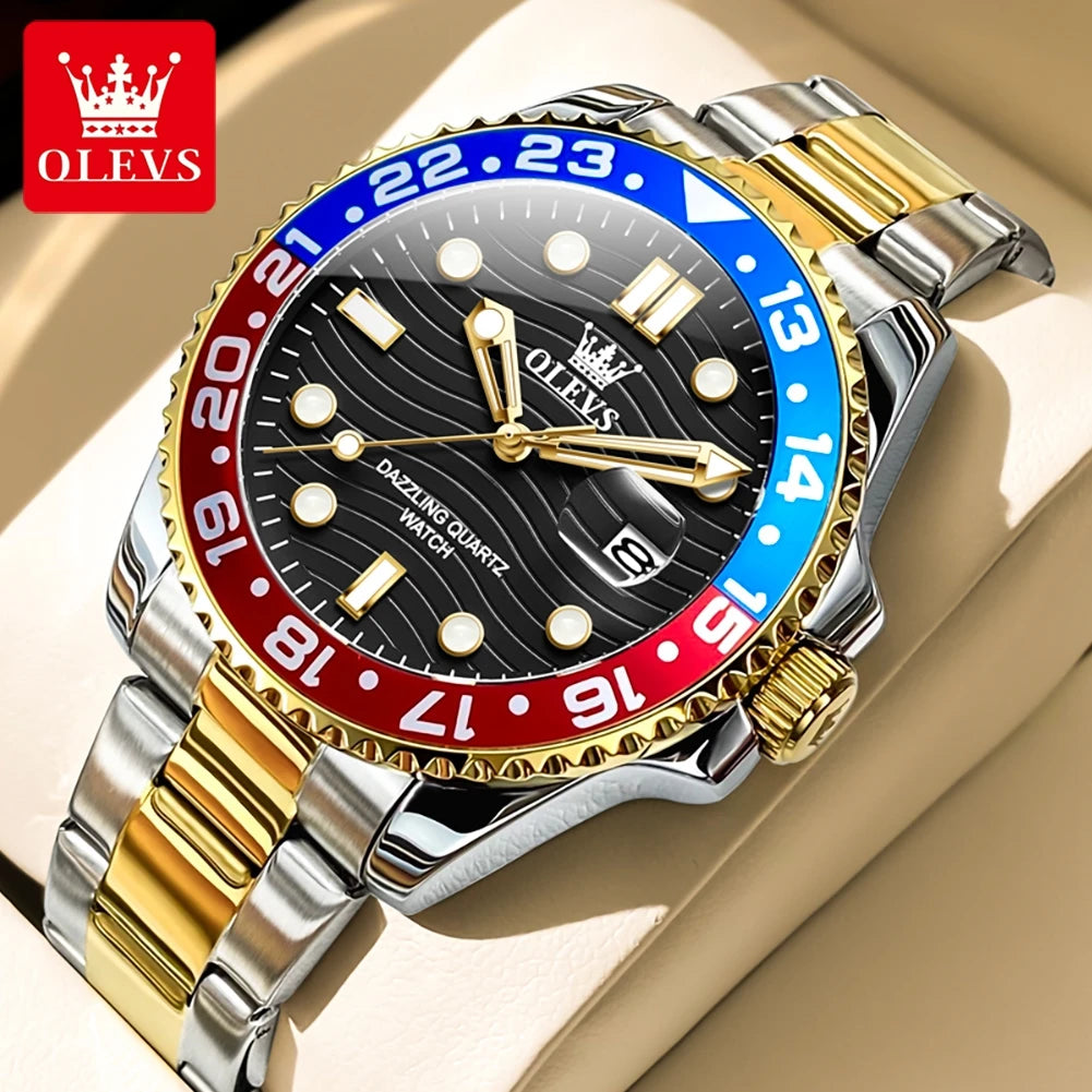 OLEVS New Quartz Watch for Men Stainlss Steel Strap Diving Series Colorful Bezel Fashion Luxury Brand Original Men's Wristwatch
